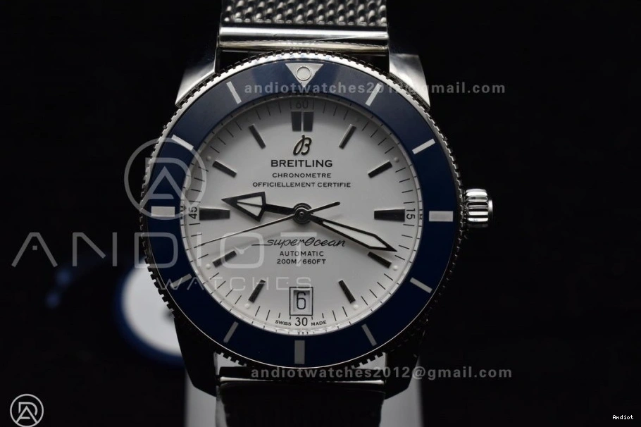 SS II White SuperOcean Blue Ceramic Bezel 42mm on SS Mesh A2824 Dial BLSF Bracelet Heritage 1115
